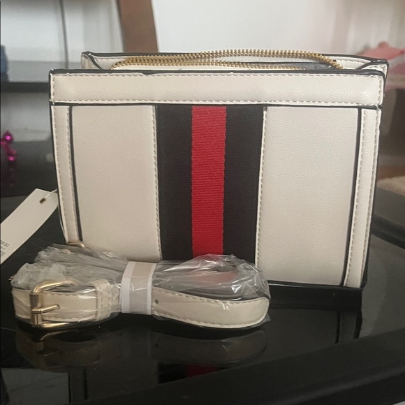 Isabelle Handbags - White Crossbody Bag with Red & Black Center Stripe - Women's Shoulder Bag